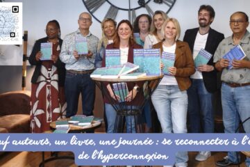 Les neuf auteurs de “Se reconnecter dans un monde hyperconnecté” réunis. Sandra Boisloret, Jean-Paul Chane-Waï, Nadine Durimel, Jérôme Hoarau, Morgane Hornsperger, Aline Nahayo, Thierry Payet, Aurélie Sougné et Caroline Deblander — MAS de Paris, septembre 2026